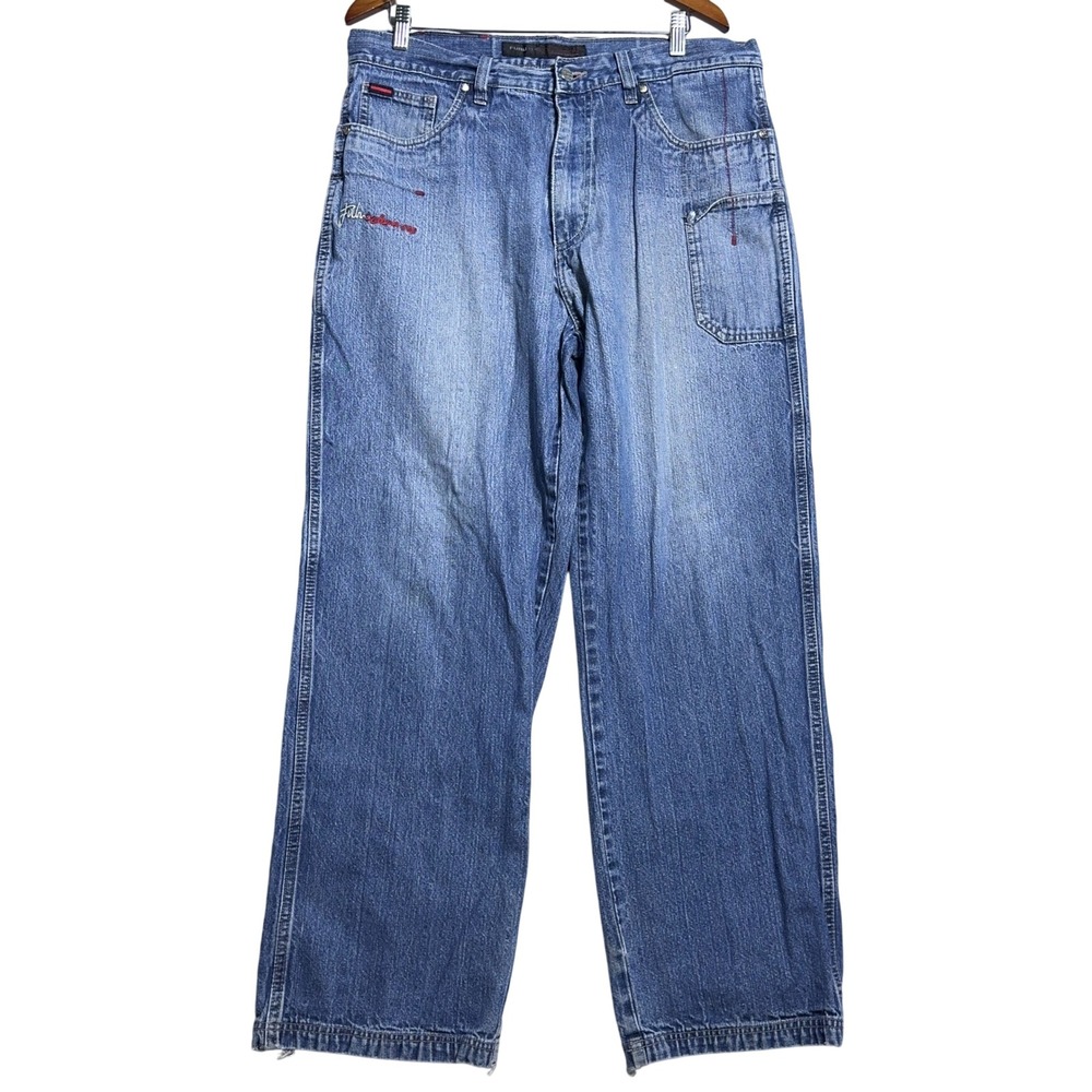 FUBU Wide Leg Y2K Baggy Jeans Mens Size 36 Blue Skate Hip Hop Streetwear